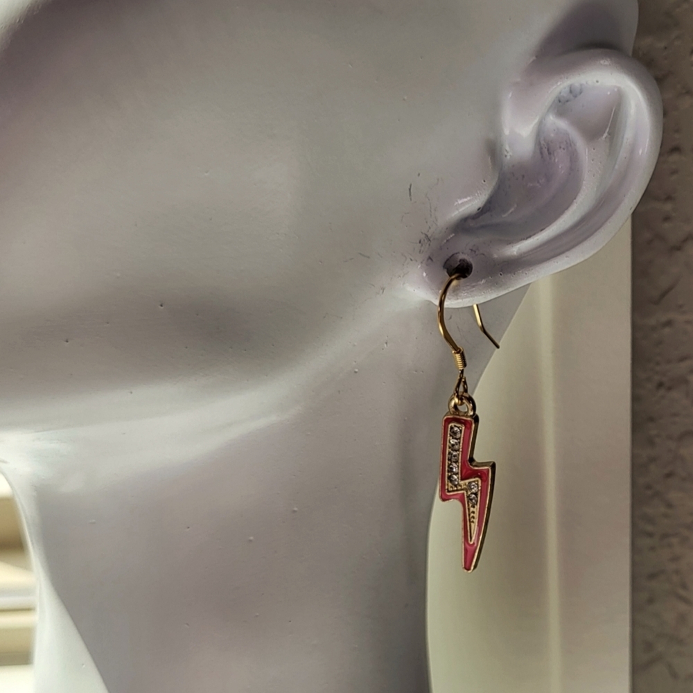 Hot Pink and Rhinestone Lightning Bolt Statement Dangle Earrings / Pierced - Picture 2 of 6